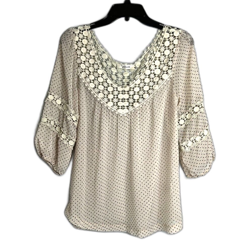 Laffaire Off White Lace Trim Semi Sheer Polka Dot 1/2‎ Sleeve Boho Blouse Sz SM